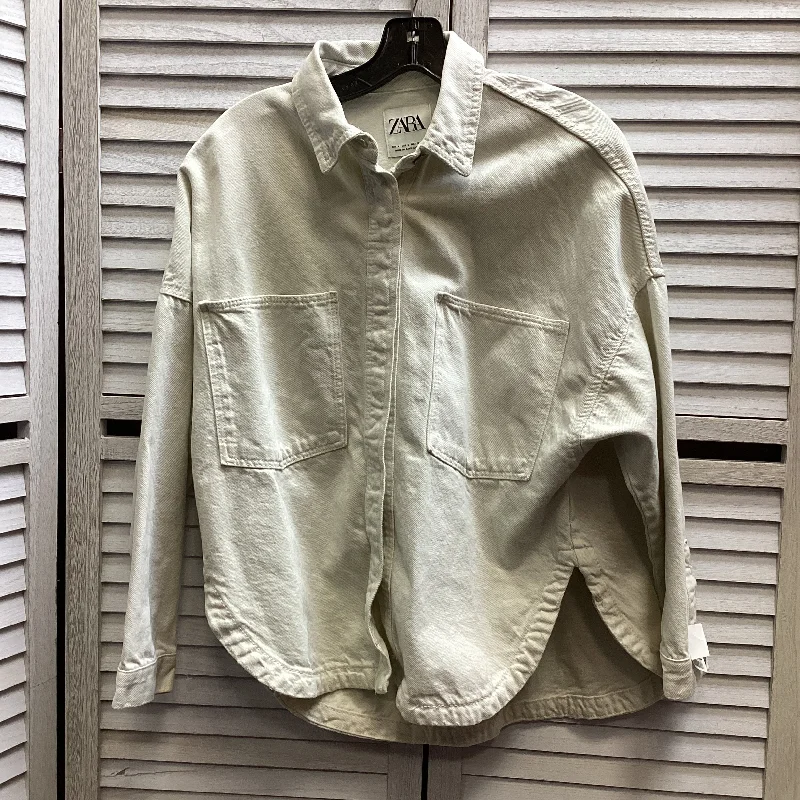 Jacket Denim By Zara In White, Size: M Belted Jacket Elasticated Jacket Padded Jacket