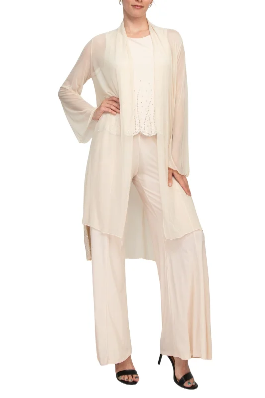 Marina Scoop Neck Sleeveless Embellished Scalloped Hem Mock 2 Piece Jumpsuit with Long Sleeve Embellished Long Bodied Jacket A-Line Jacket Boat Neck Shawl Collar