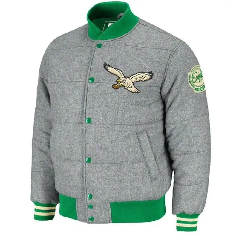 Philadelphia Eagles Grey Puffer Jacket Stand-Up Collar Roll-Neck Collar Turtle Neck