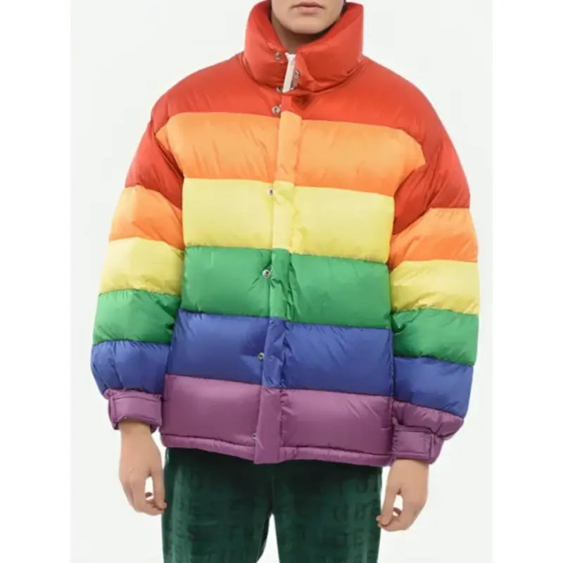 Rainbow Gooba 69 Multicolor Puffer Jacket Zippered Front Buttoned Front Snap Front