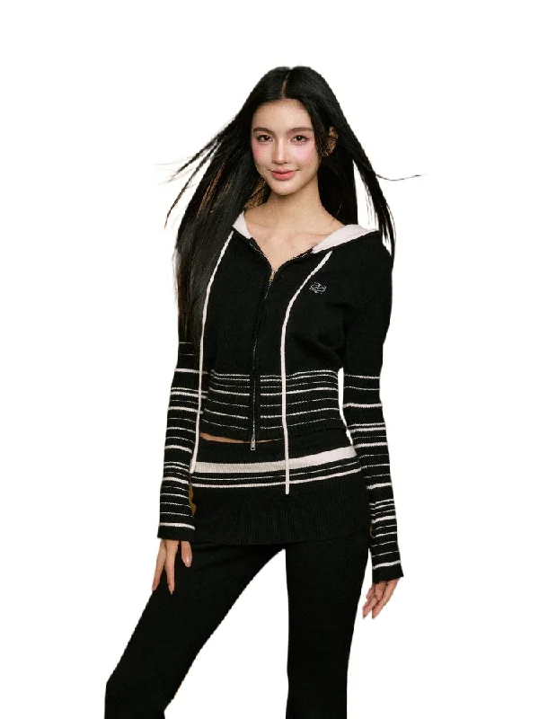 Striped Hooded Knit Cardigan Jacket Set Knit Jacket Woven Jacket Fleece Jacket