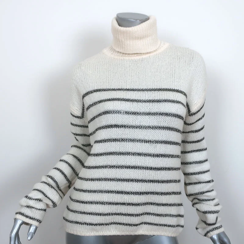 A.L.C. Turtleneck Sweater Elisa Ivory Metallic-Striped Knit Size Medium Rayon Fabric Velvet Fabric Corduroy Fabric