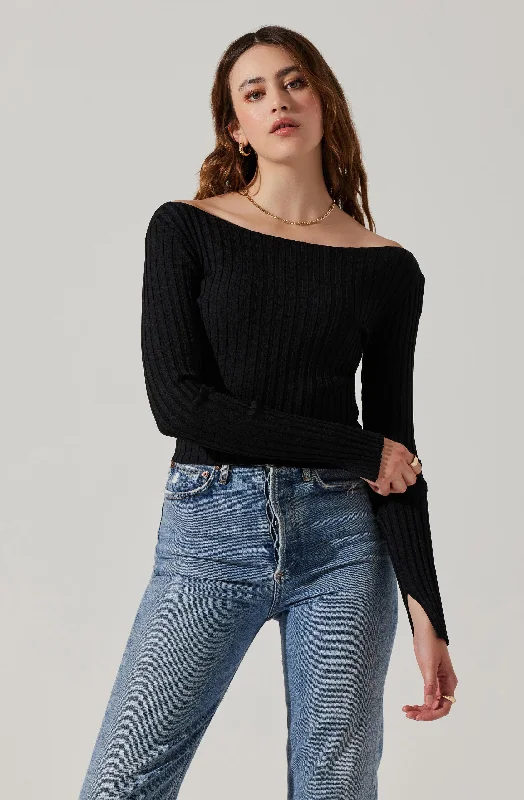 Alessandra Ribbed Off Shoulder Sweater Collared Crew Neck Turtle Neck