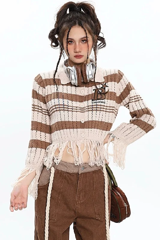 BStar Stripe Long Sleeve Tassel Cropped Button Up Knitted Sweater Top Welt Pockets Slit Pockets Flap Pockets
