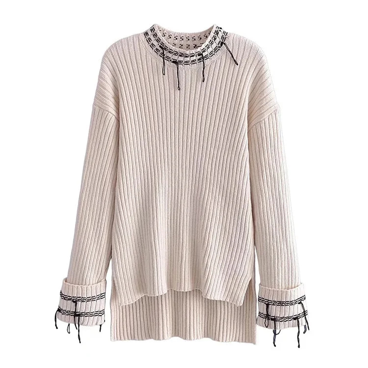 Crew neck curled sleeve stitched decorative sweater  7304 Machine Wash Dry Clean Hand Wash