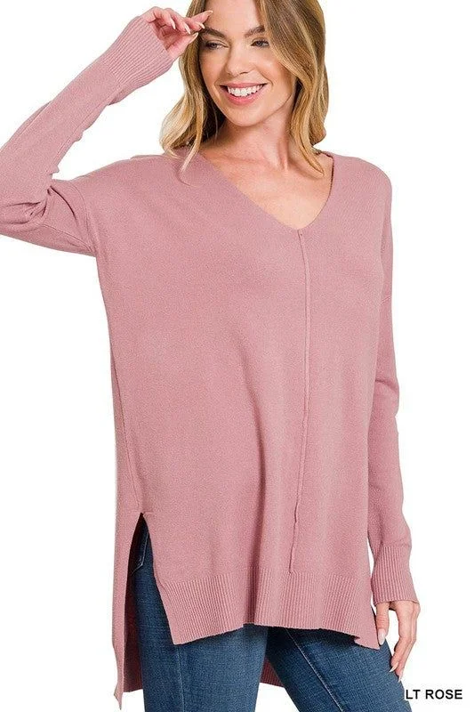 Zenana | Hi Low Hem V Neck Center Seam Sweater Beaded Sweater Sequined Faux Fur