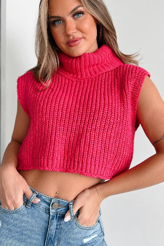 In My Fun Era Sleeveless Crop Turtleneck Sweater (Hot Pink) Cable Knit Ribbed Knit Lace Knit In My Fun Era Sleeveless Crop Turtleneck Sweater (Hot Pink) Cable Knit Ribbed Knit Lace Knit