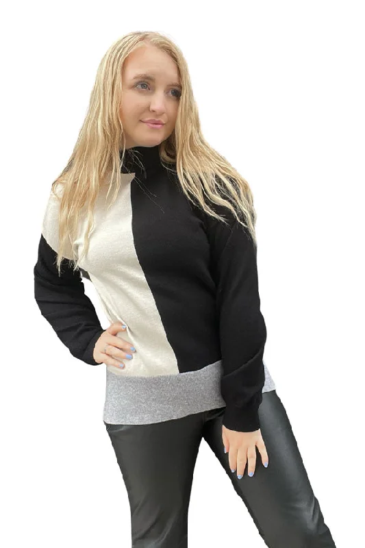 Point Zero Colour Block Mock Neck Sweater Embroidered Appliqued Beaded