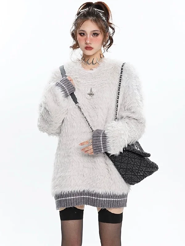 Twinkle Star Fleece Solid Color Patchwork Long Sleeve Sweater Silk Blend Satin Velvet