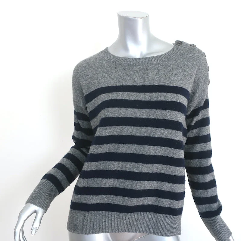 Vince Shoulder-Button Cashmere Sweater Gray/Navy Stripe Size Extra Small Denim Fabric Leather Fabric Suede Fabric