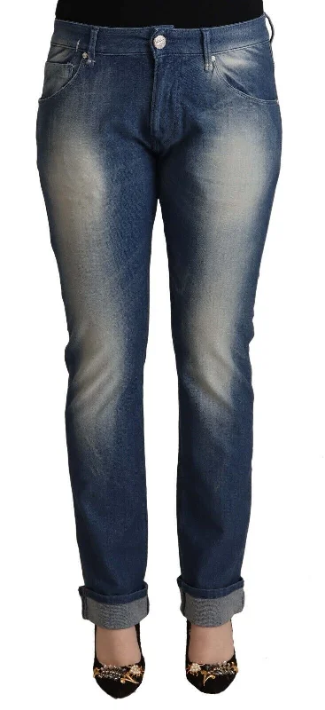 Acht  Washed Mid Waist Folded Hem Skinny Women's Jeans Stylish Stone-Wash Denim Jeans
