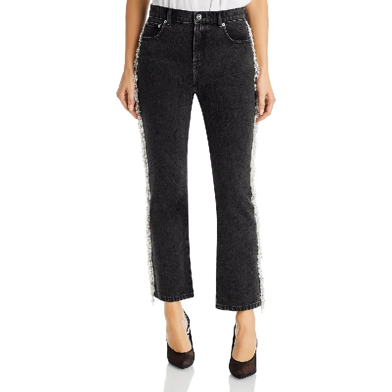 Womens Beaded Fringe Straight Leg Jeans Cozy Relaxed Fit Denim Jeans