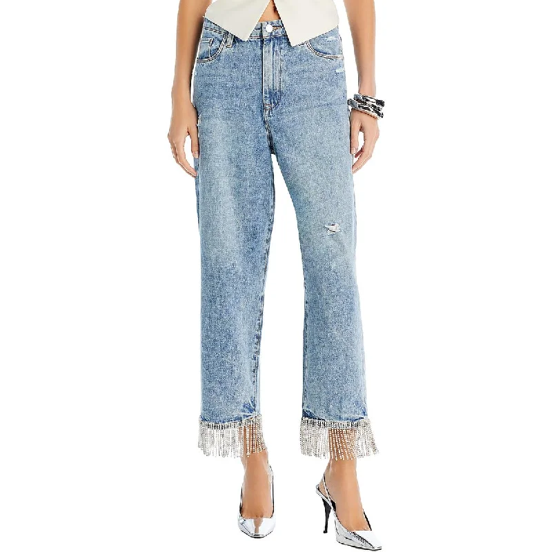 Womens Destroyed Light Wash Straight Leg Jeans Comfortable Zip-Fly Denim Jeans