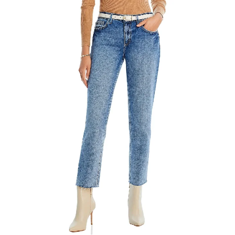 Womens High Rise Raw Hem Straight Leg Jeans Casual Light Wash Jeans