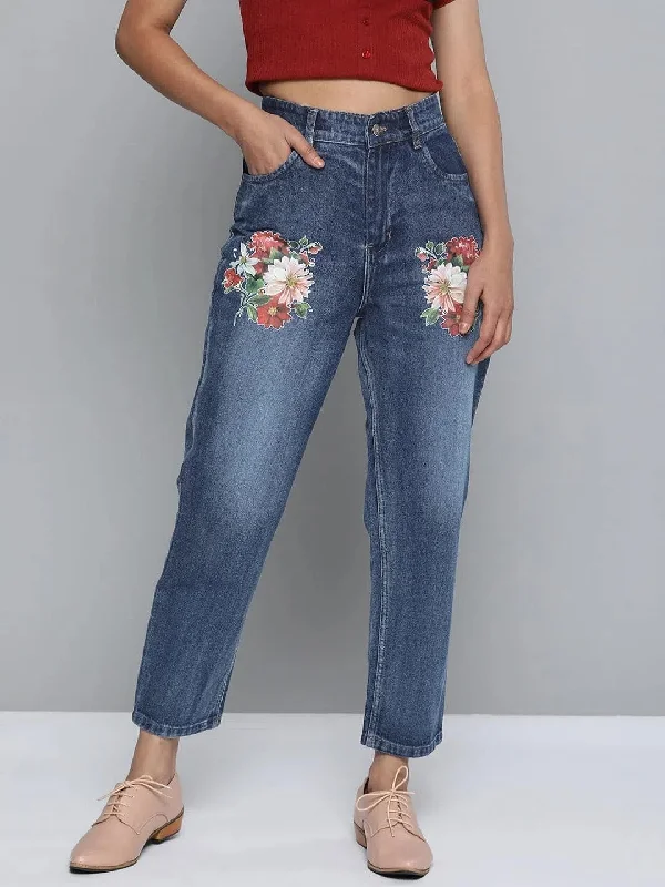 Blue Floral Print Mom Jeans Stylish Slim Fit Denim