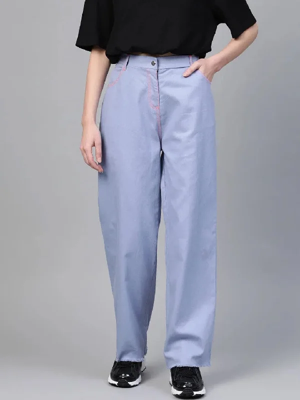 Blue With Neon Pink Contrast Stitch Wide Jeans Casual Distressed Skinny Jeans