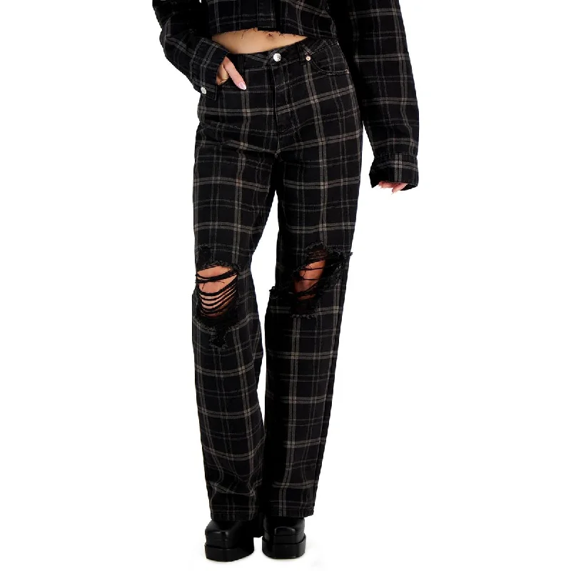 Gemma Rae Womens High Rise Plaid Straight Leg Jeans Fashionable Raw Edge Jeans