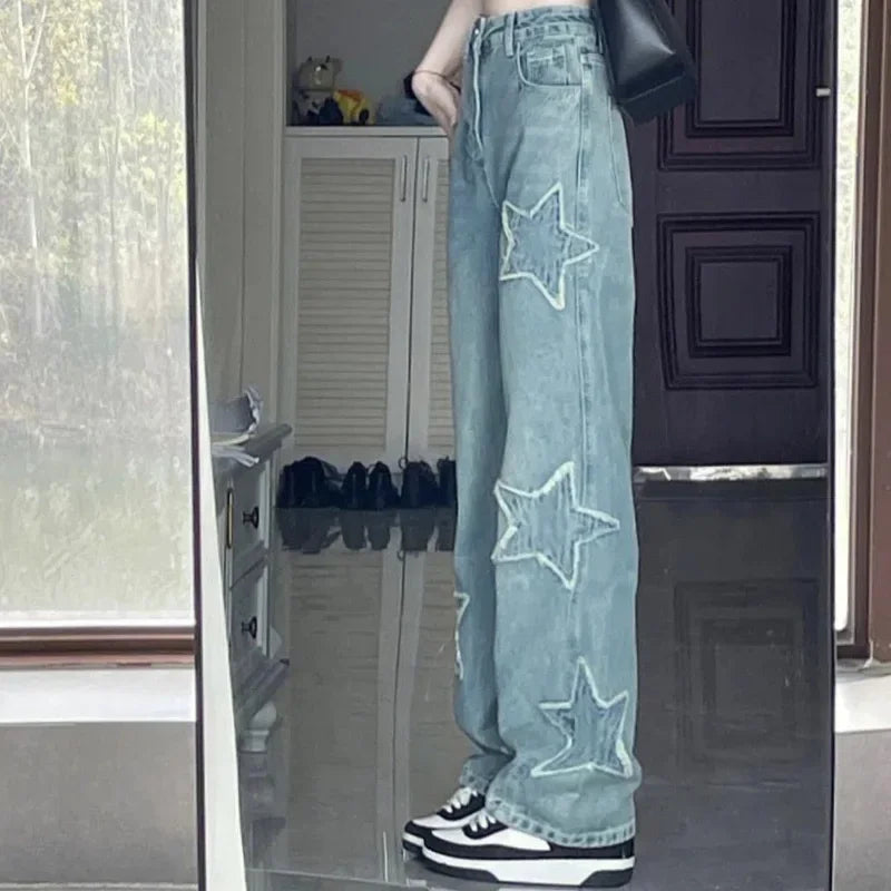 High Waist Slim Wide Leg Cargo Pants Women Star Patchwork Simple All-match Jeans Fashionable Vintage Wash Jeans High Waist Slim Wide Leg Cargo Pants Women Star Patchwork Simple All-match Jeans Fashionable Vintage Wash Jeans