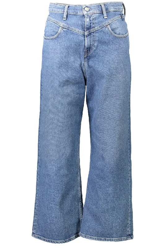 Blue Cotton Women Jeans Trendy Pleated Waist Jeans