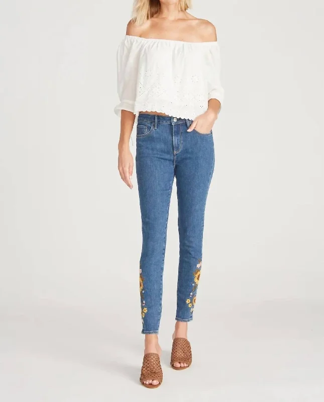 Jackie High Rise Skinny Jean Falling Sunflowers In Medium Wash Denim Comfortable Drawstring Waist Jeans Jackie High Rise Skinny Jean Falling Sunflowers In Medium Wash Denim Comfortable Drawstring Waist Jeans