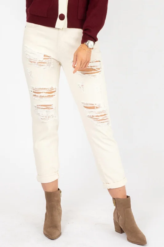 Ripped Boyfriend Jean In Beige Casual Wide-Legged Denim Jeans