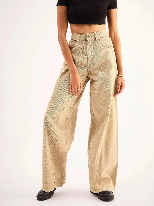 Women Beige Seam Detail Wide Leg Jeans Stylish Cargo Style Jeans