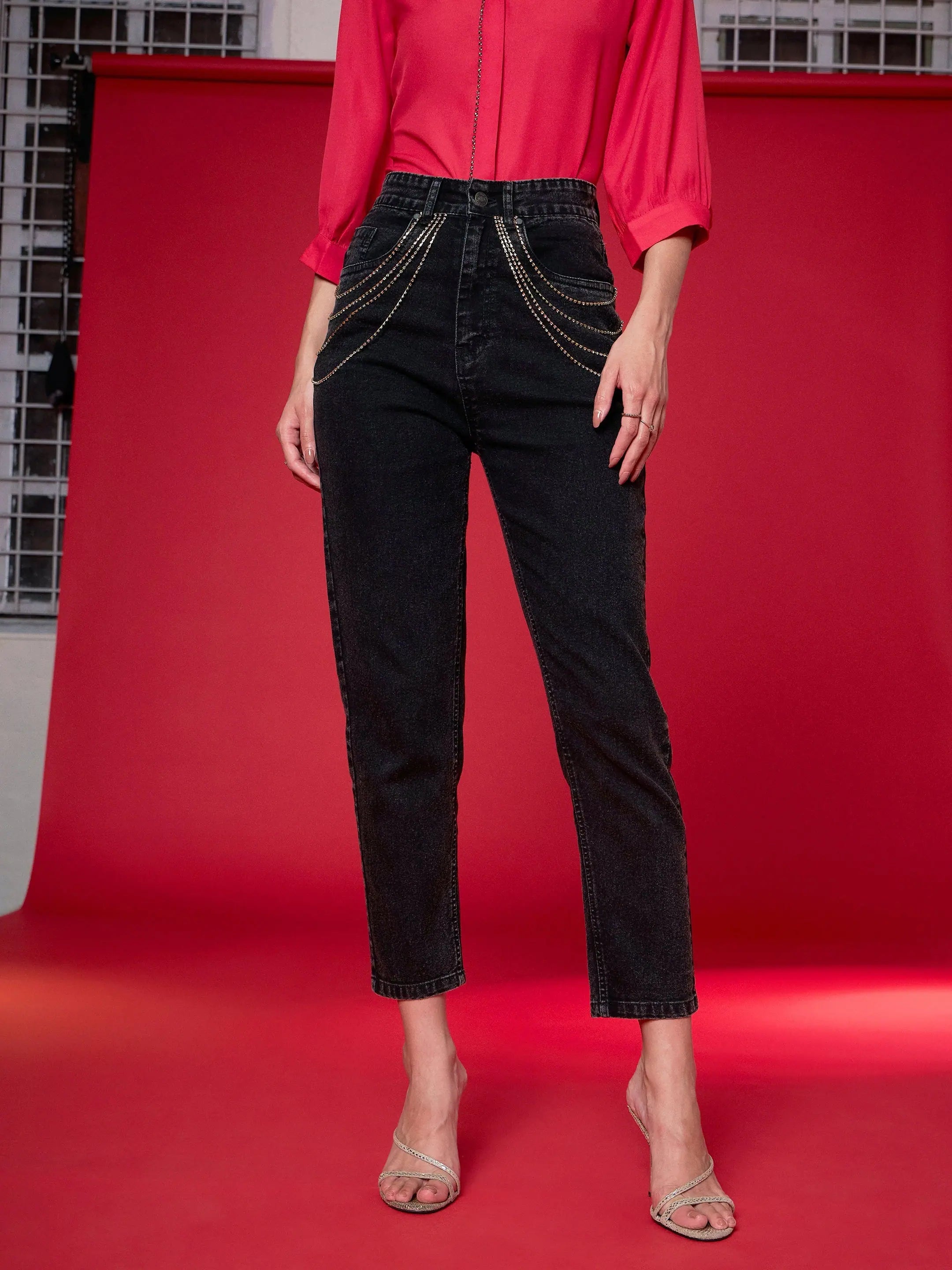 Women Black Denim Diamante Relax Jeans Fashionable Slouchy Fit Jeans