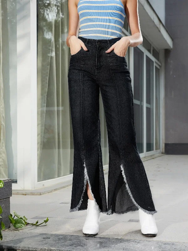 Women Black Front Slit Bell Bottom Jeans Casual Bootcut Ripped Jeans