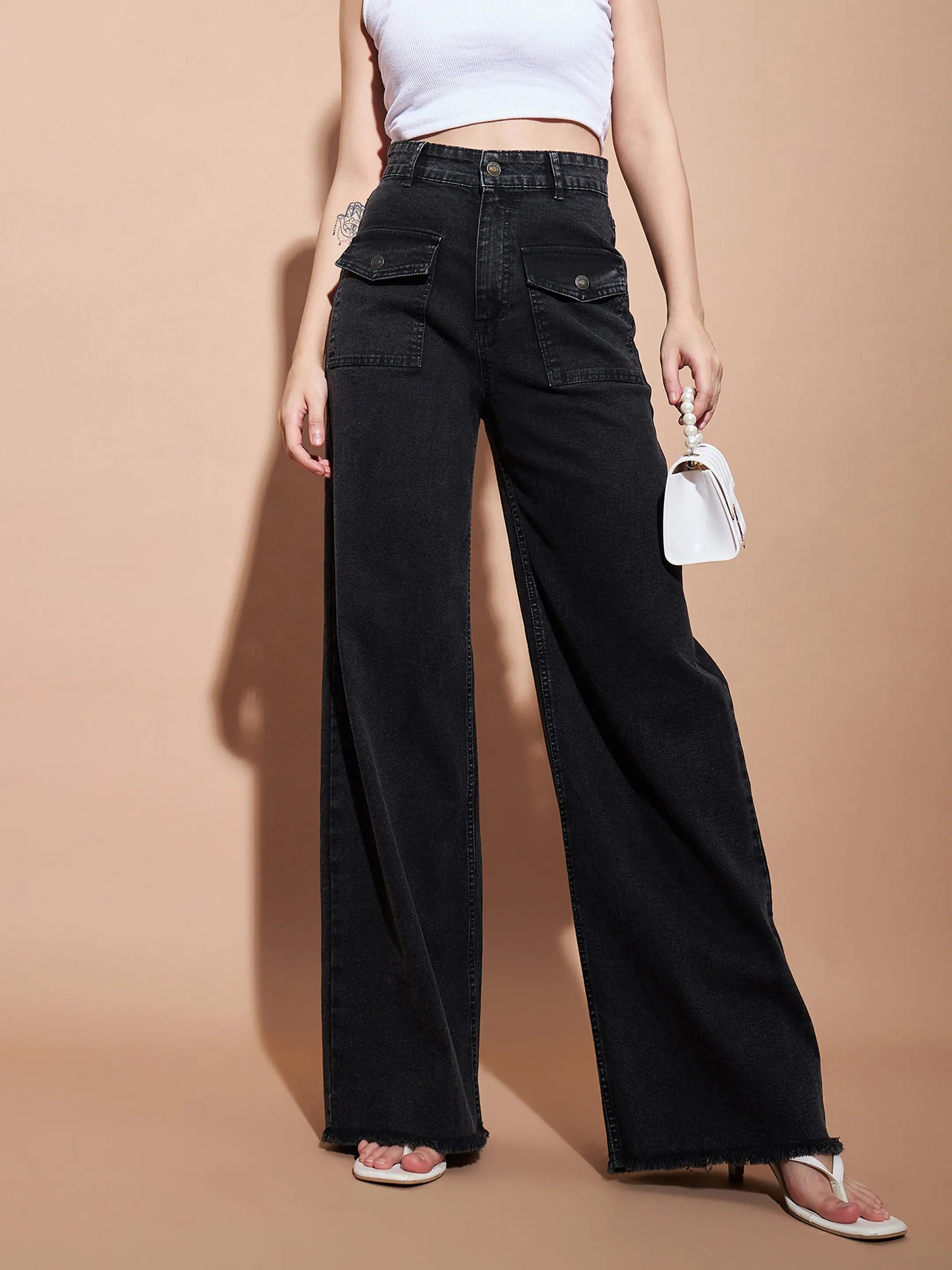 Women Black High Waist Flap Pocket Straight Jeans Stylish Paperbag Waist Denim