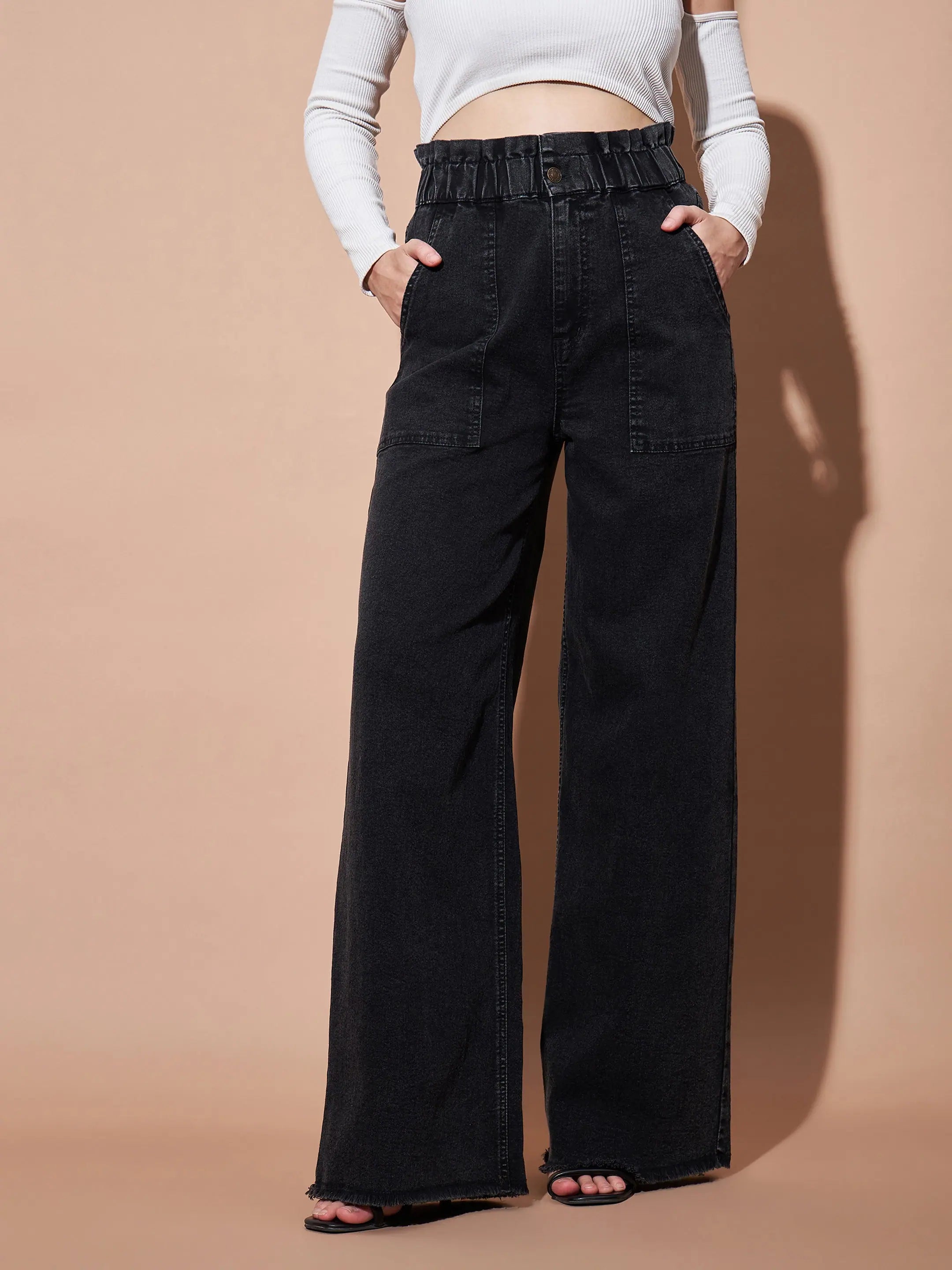 Women Black Paper Bag Waist Straight Jeans Chic Rolled Cuff Denim Jeans