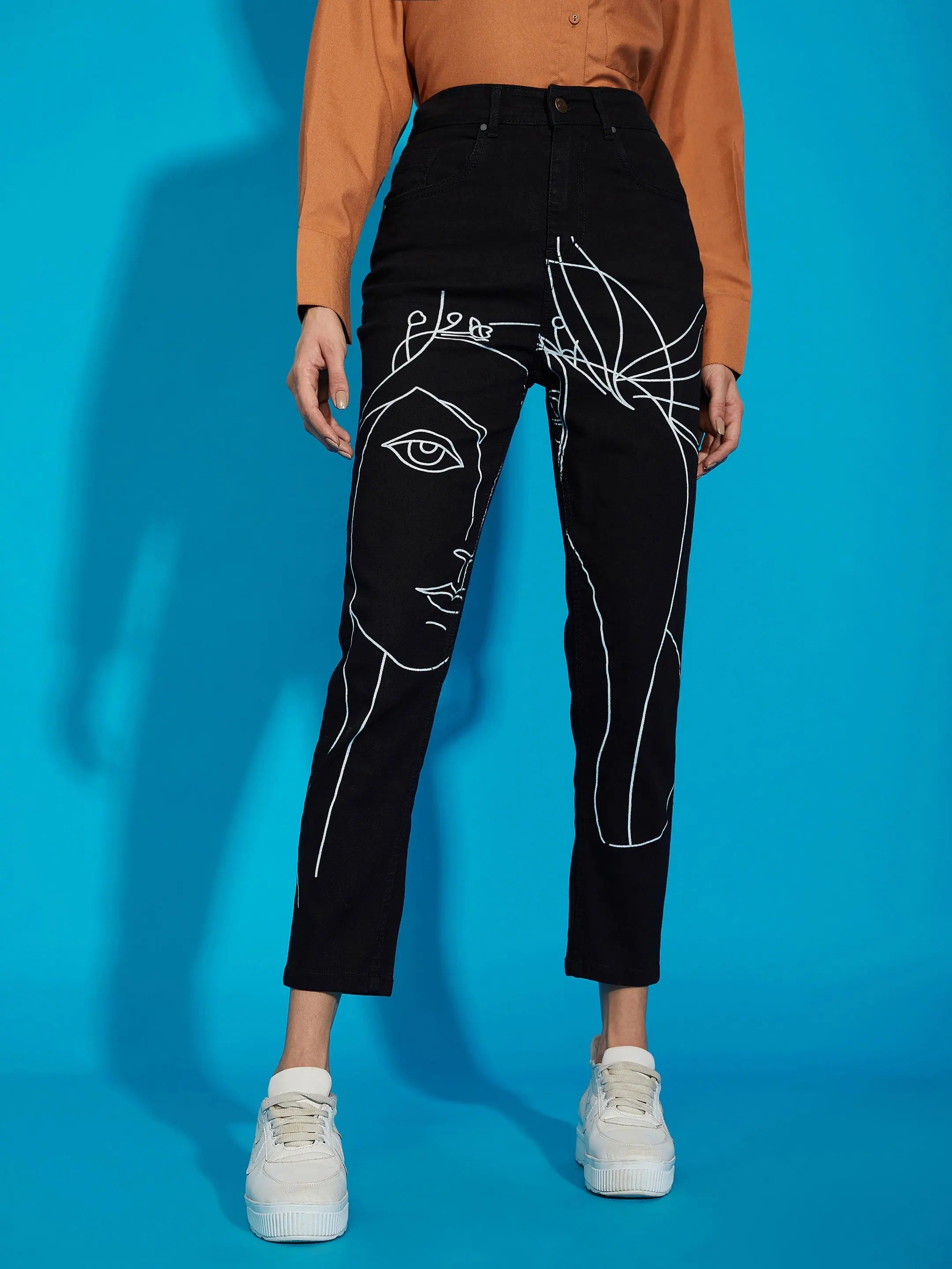 Women Black Premium Line Art Mom Fit Jeans Stylish Relaxed Fit Skinny Jeans