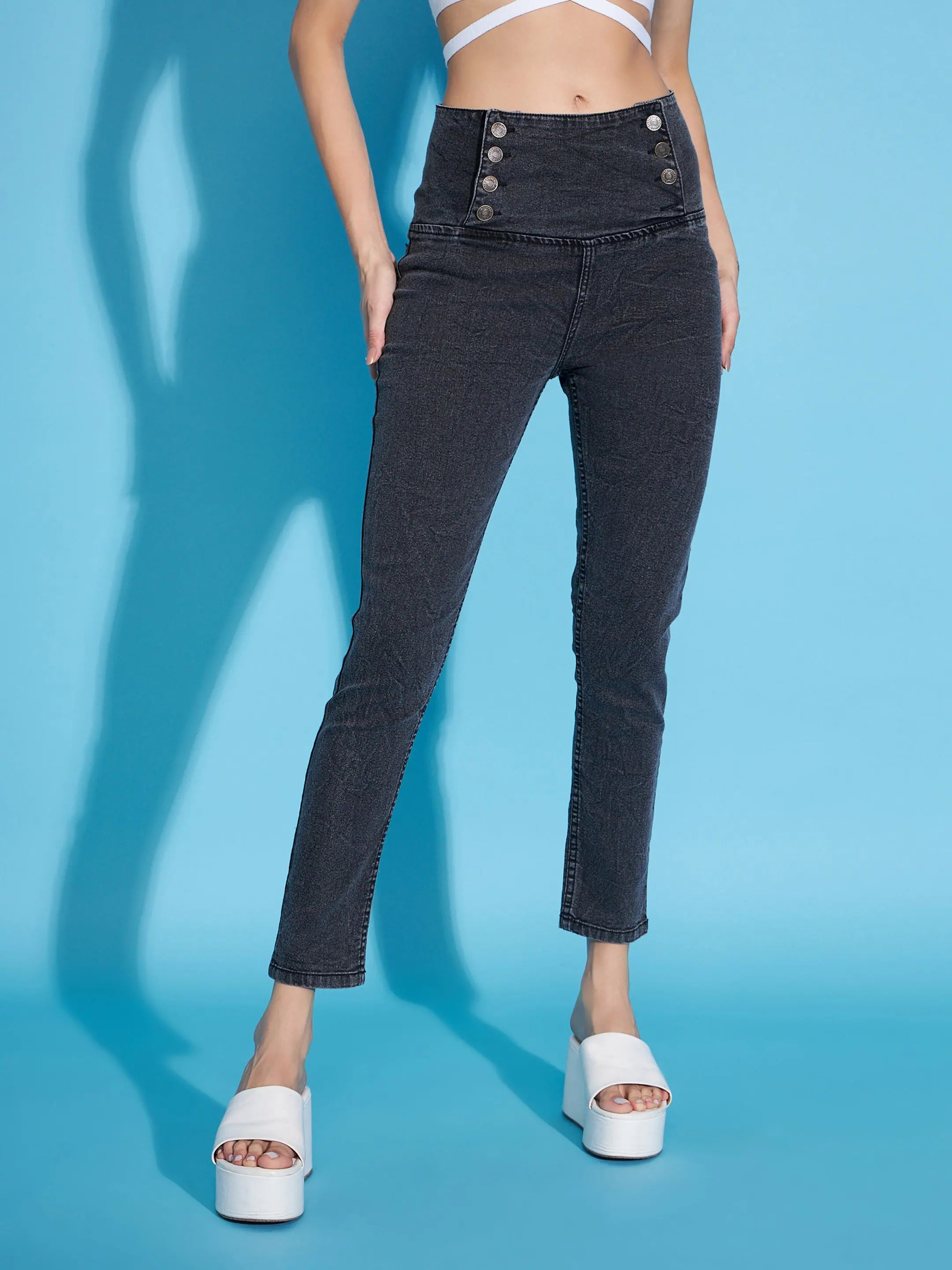Women Black Washed Side Button High Waist Jeans Chic Cropped Jeans