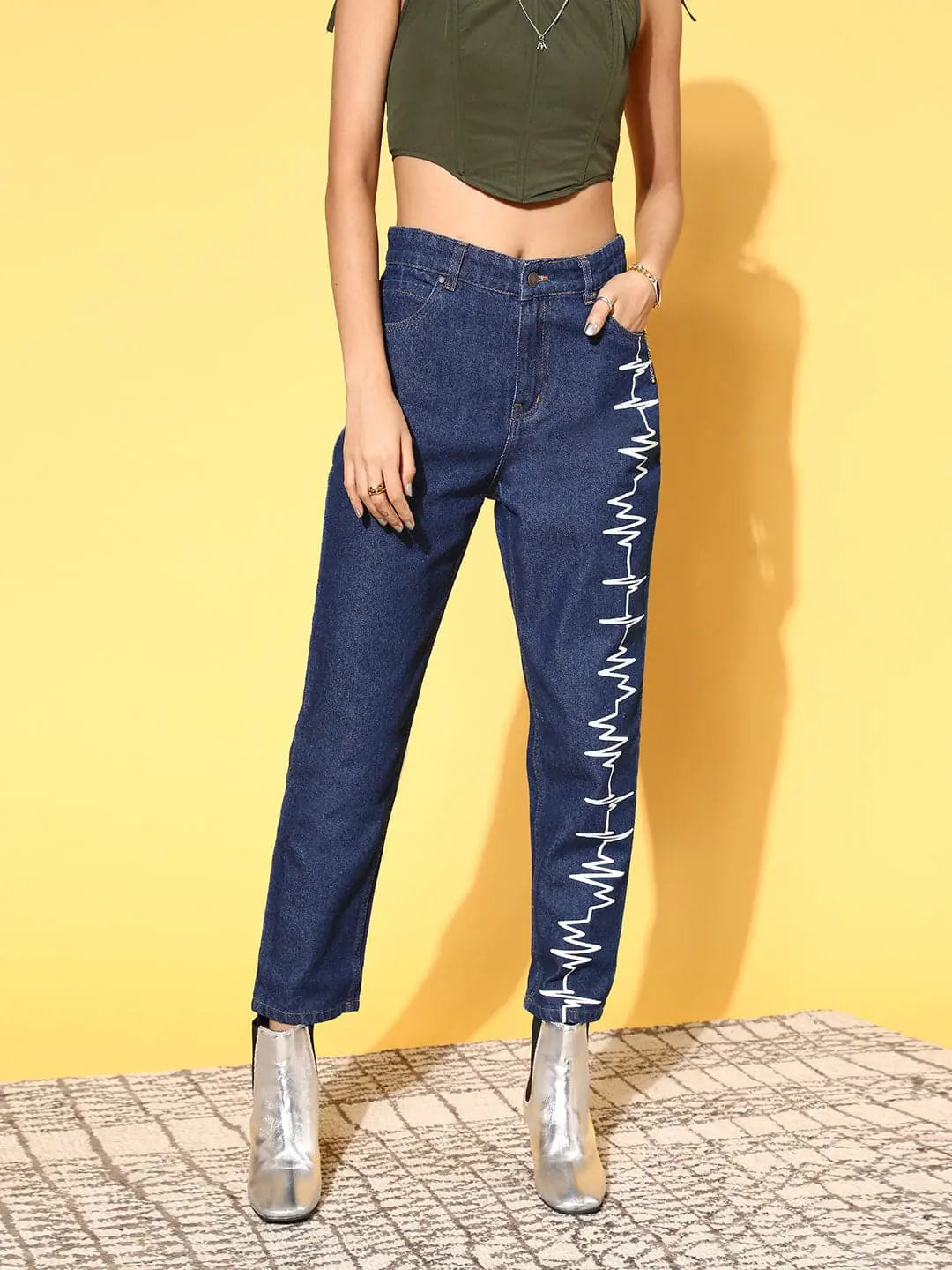 Women Blue Heart-Beat Print Jeans Casual Loose Fit Jeans