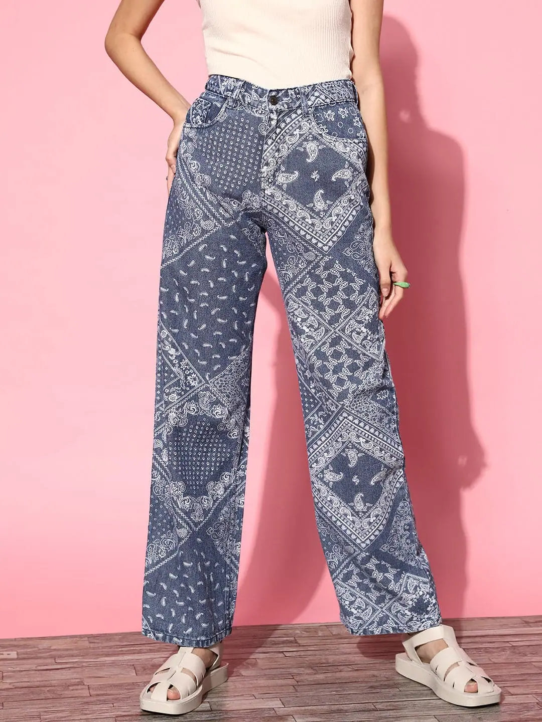 Women Blue Paisley Print Straight Jeans Casual Distressed Skinny Jeans