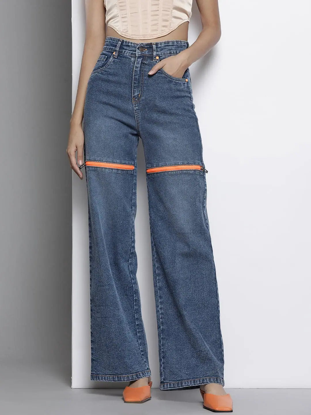 Women Dark Blue Front Zipper Stretch Straight Jeans Comfortable Boyfriend Jeans