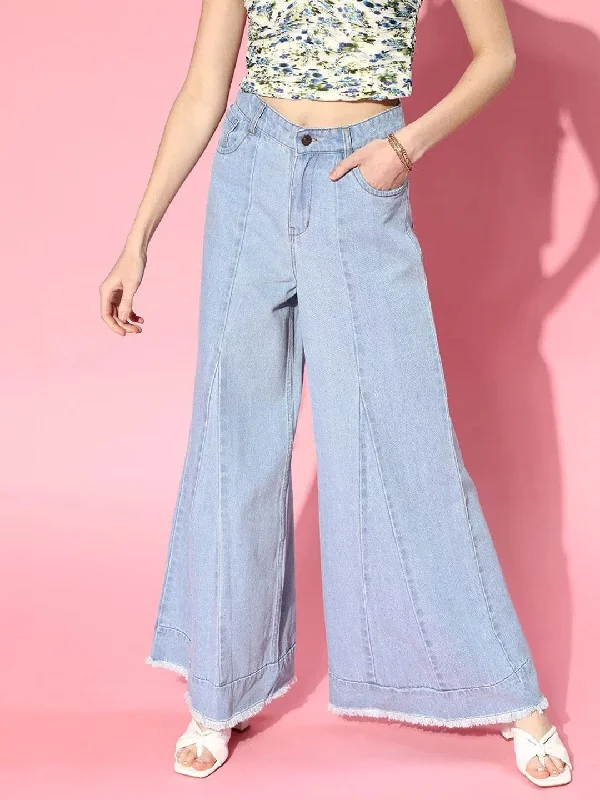 Women Ice Blue Front Pleat Flared Leg Jeans Casual Straight-Leg Jeans