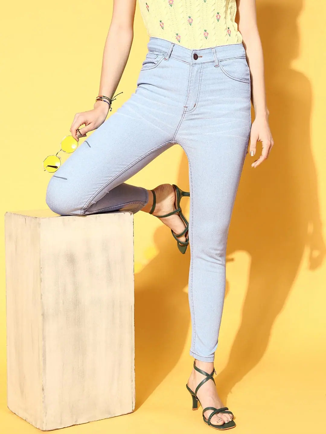 Women Ice Blue Slim Fit Jeans Comfortable Jogger Style Jeans