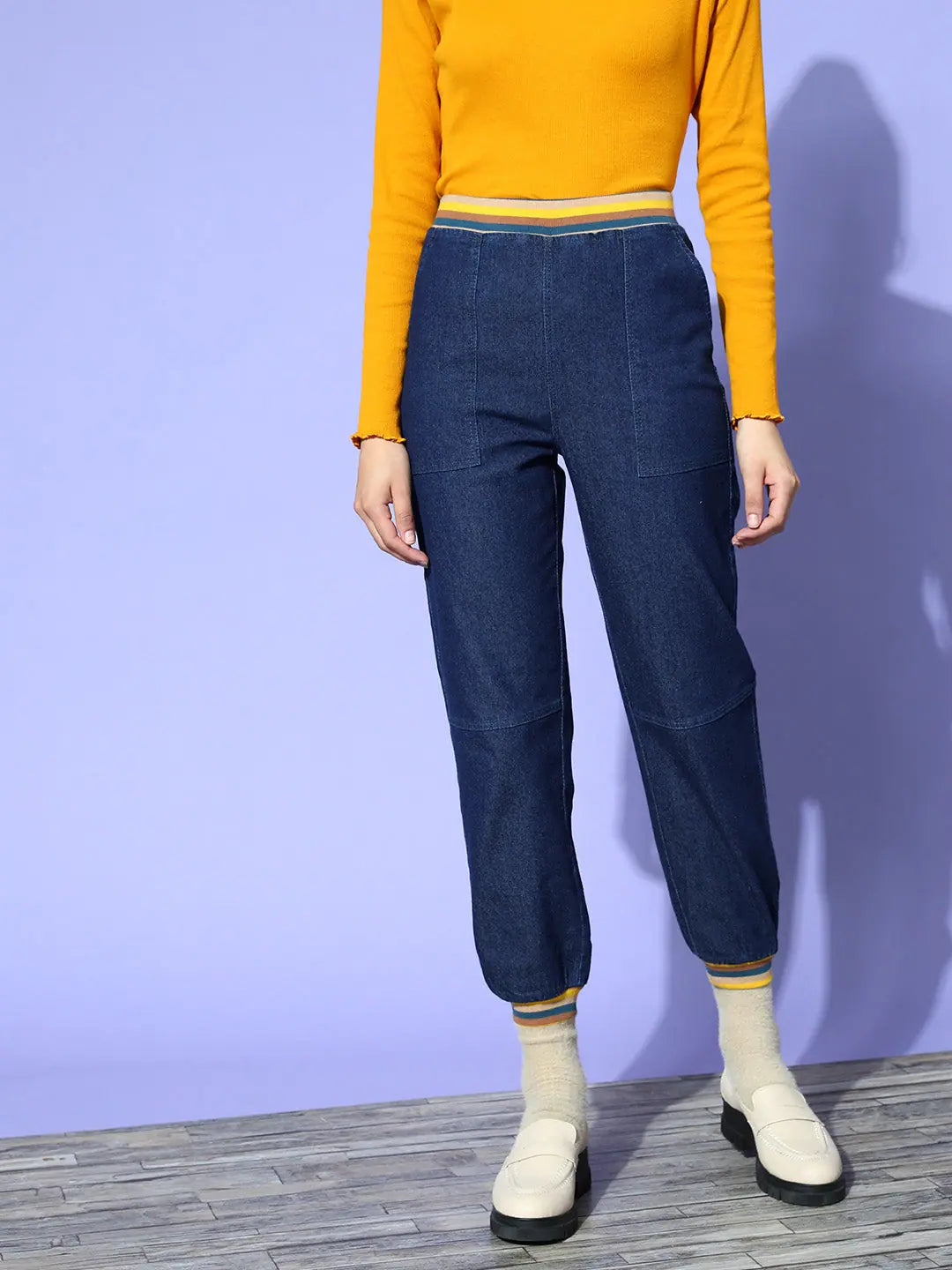 Women Navy Denim Striped Rib Jogger Jeans Casual Wide-Legged Denim Jeans