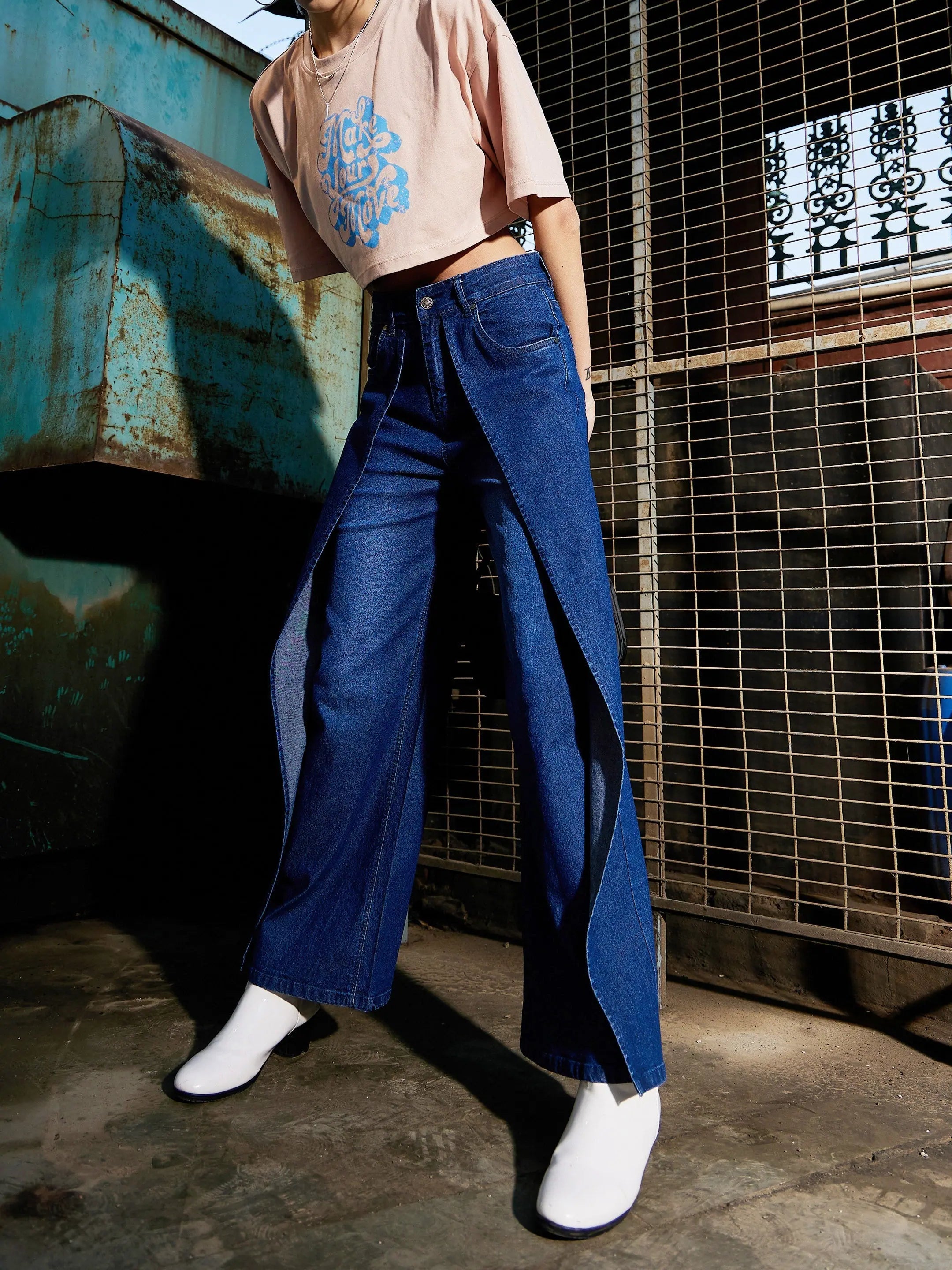 Women Navy Denim Washed Wrap Straight Jeans Stylish Shredded Denim Jeans