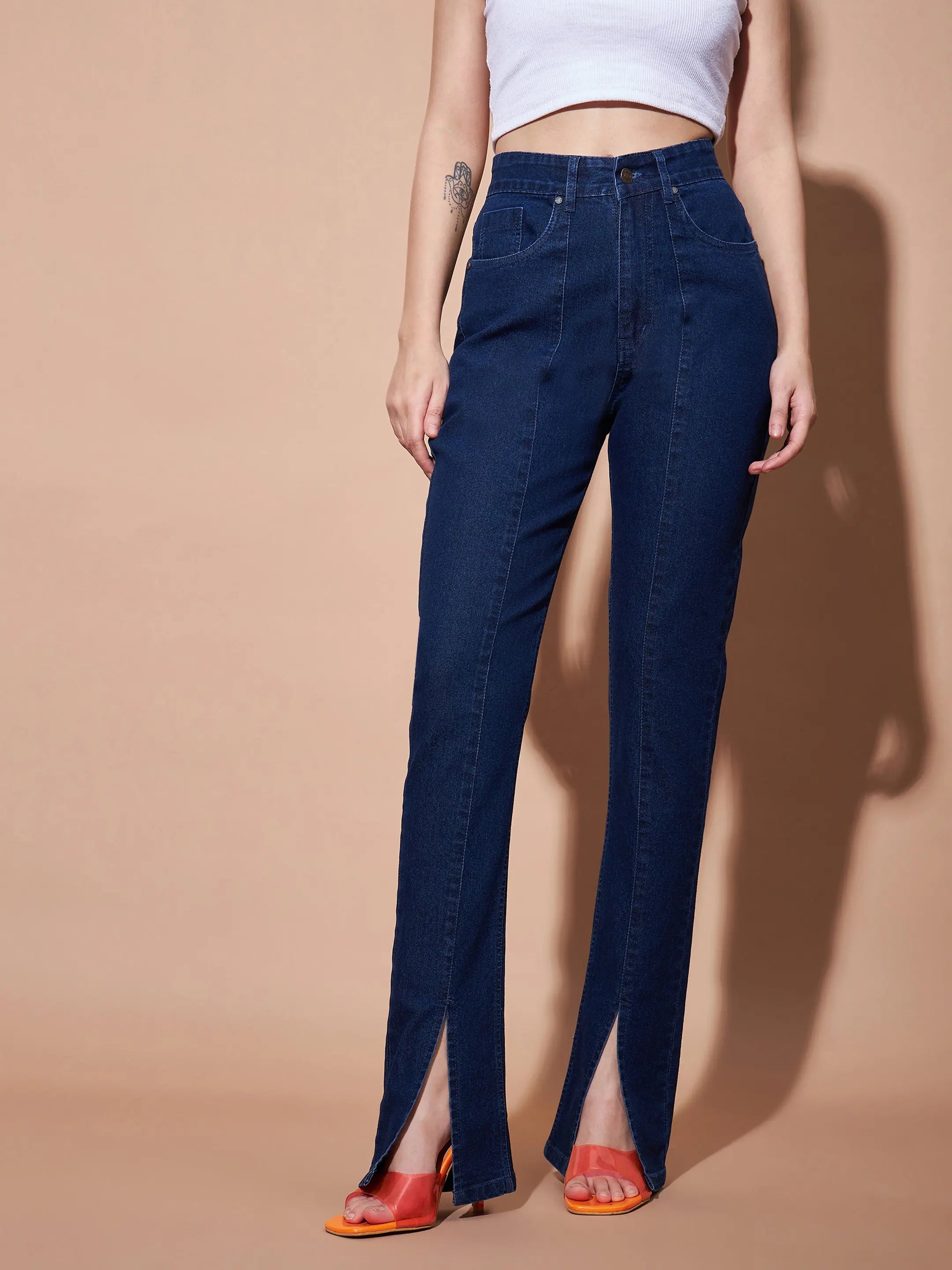 Women Navy Mid Rise Skinny Fit Slit Jeans Stylish High-Waisted Denim