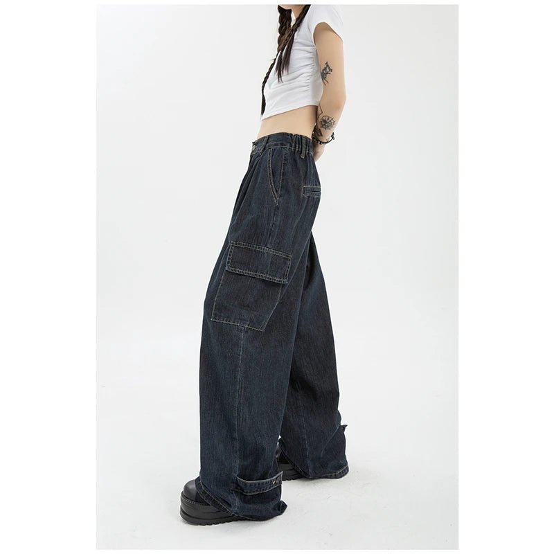 Women's Blue Vintage Wide Leg Jeans Fashion Baggy High Waist Straight Pants Fashionable Distressed Jeans Women's Blue Vintage Wide Leg Jeans Fashion Baggy High Waist Straight Pants Fashionable Distressed Jeans