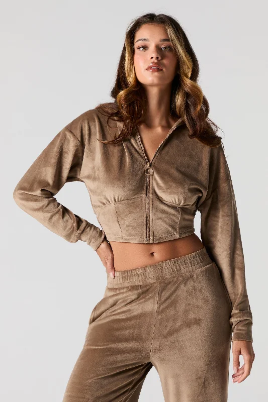 Velour Corset Style Zip-Up Hoodie Hoodie with Fur Luxurious Winter