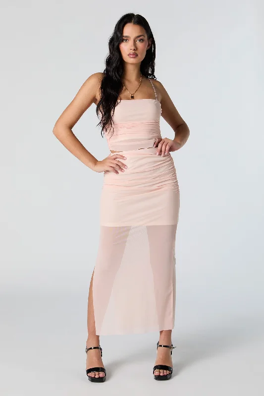 Mesh Ruched Slit Maxi Skirt wool skirt warm