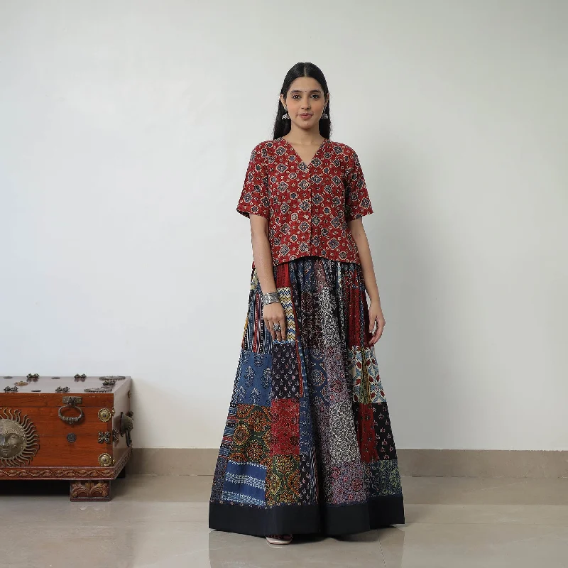 Multicolor - 24 Kali Patchwork Block Printed Cotton Ajrakh Skirt 51 patchwork skirt art