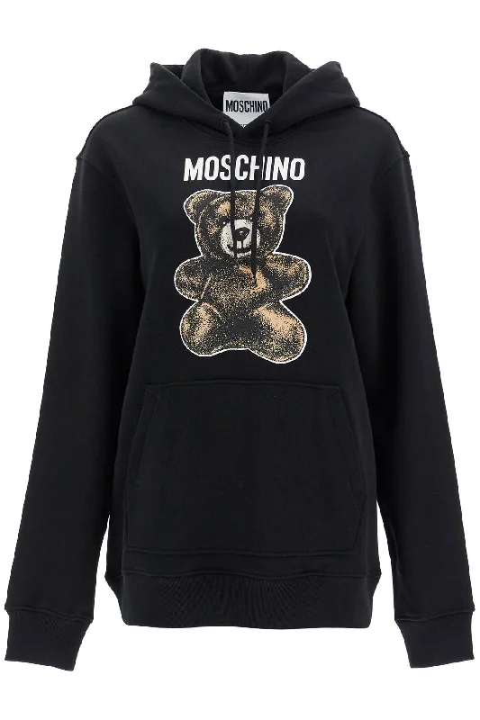Moschino Teddy Bear Hooded Sweat  - Black Hoodie with Button Placket Classic Preppy