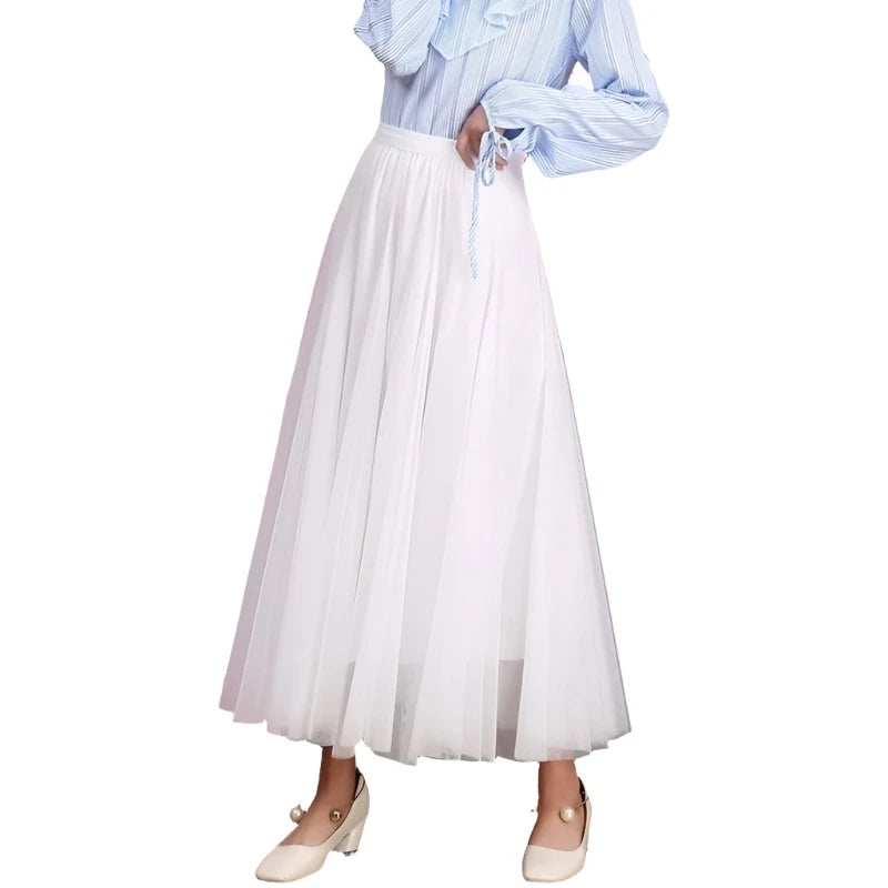 3 Layers Mesh Long Tulle Skirt Elastic Waist Elegant High Waist Ball Gown Gauze Tutu Skirt For Spring Autumn QT2001 elastic waist skirt