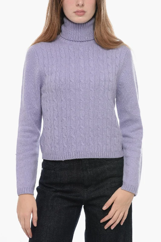 Allude Cable Knit Cashmere Turtleneck Sweater Denim Fabric Leather Fabric Suede Fabric