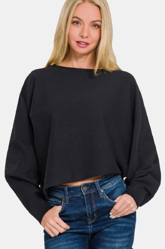 Asymmetric Hem Long Sleeve Sweater Boat Neck Shawl Collar Notched Collar