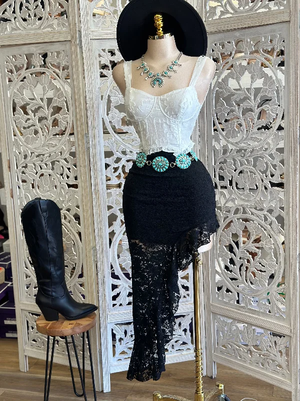 Asymmetrical Black Lace Skirt- Estira, Stretchy denim skirt casual