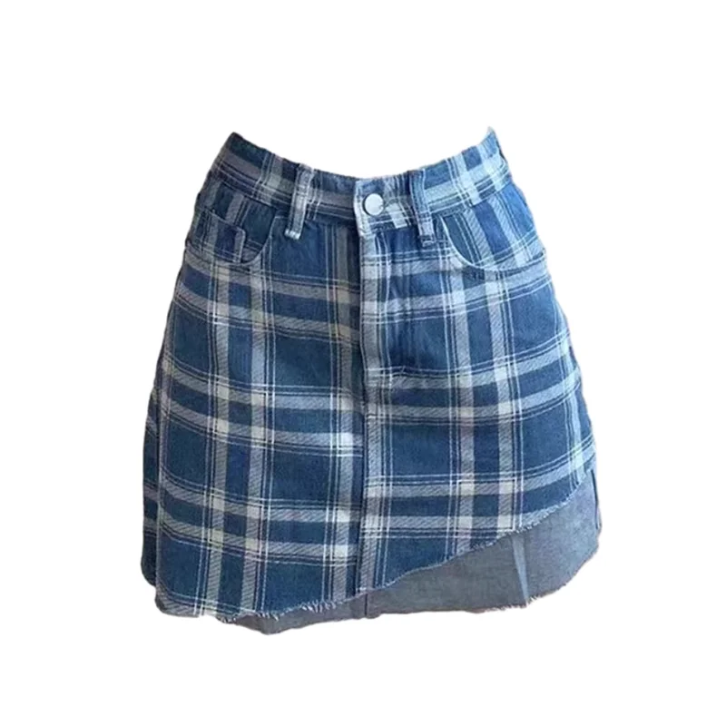 Asymmetrical Blue Plaid Skirt wrap skirt elegant